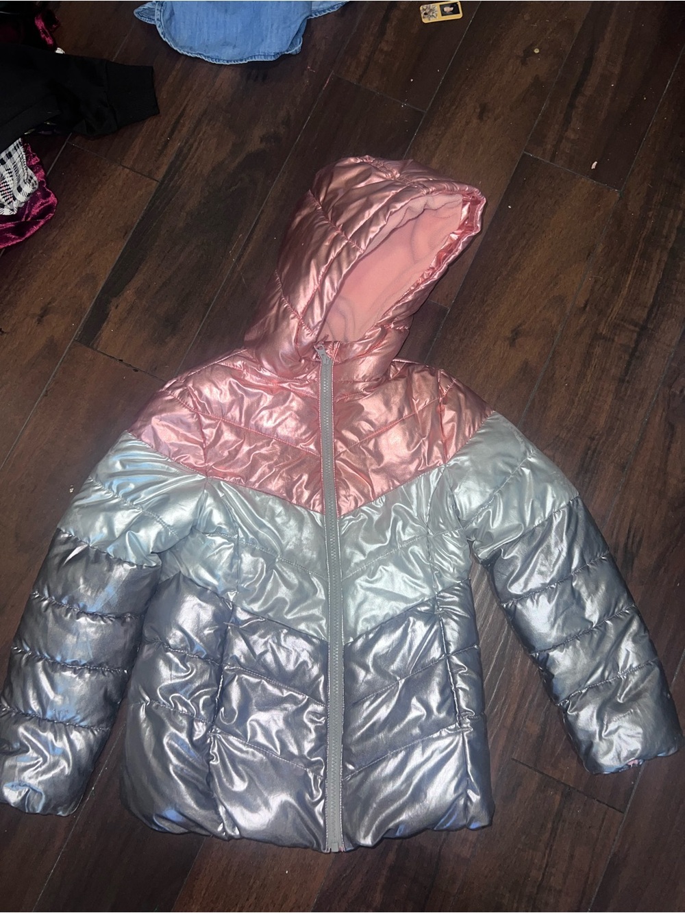 Children’s Place Metallic Rose Pink and Silver Hooded Puffer Coat